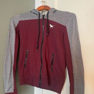 PINK Victoria's Secret Gray and Maroon Zip-Up Hoodie